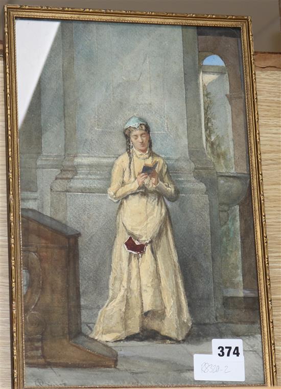 A. Buzzi, watercolour, woman reading in a church, signed, 37 x 23cm